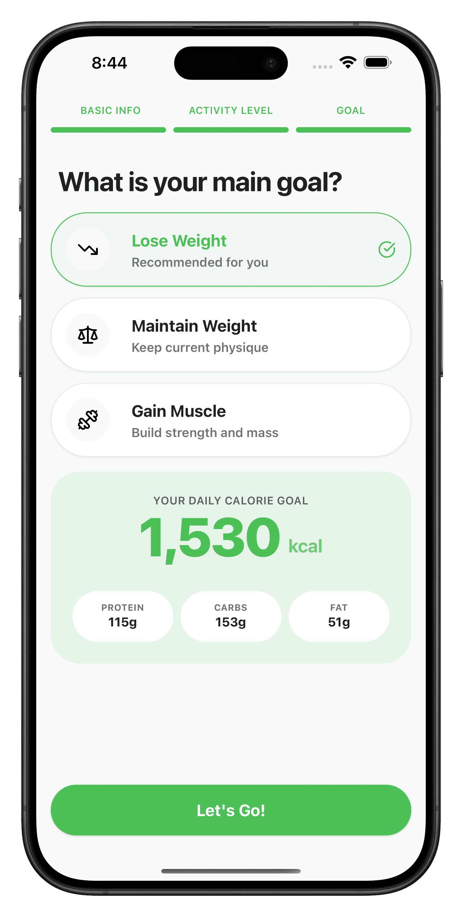Onboarding goal and macro target