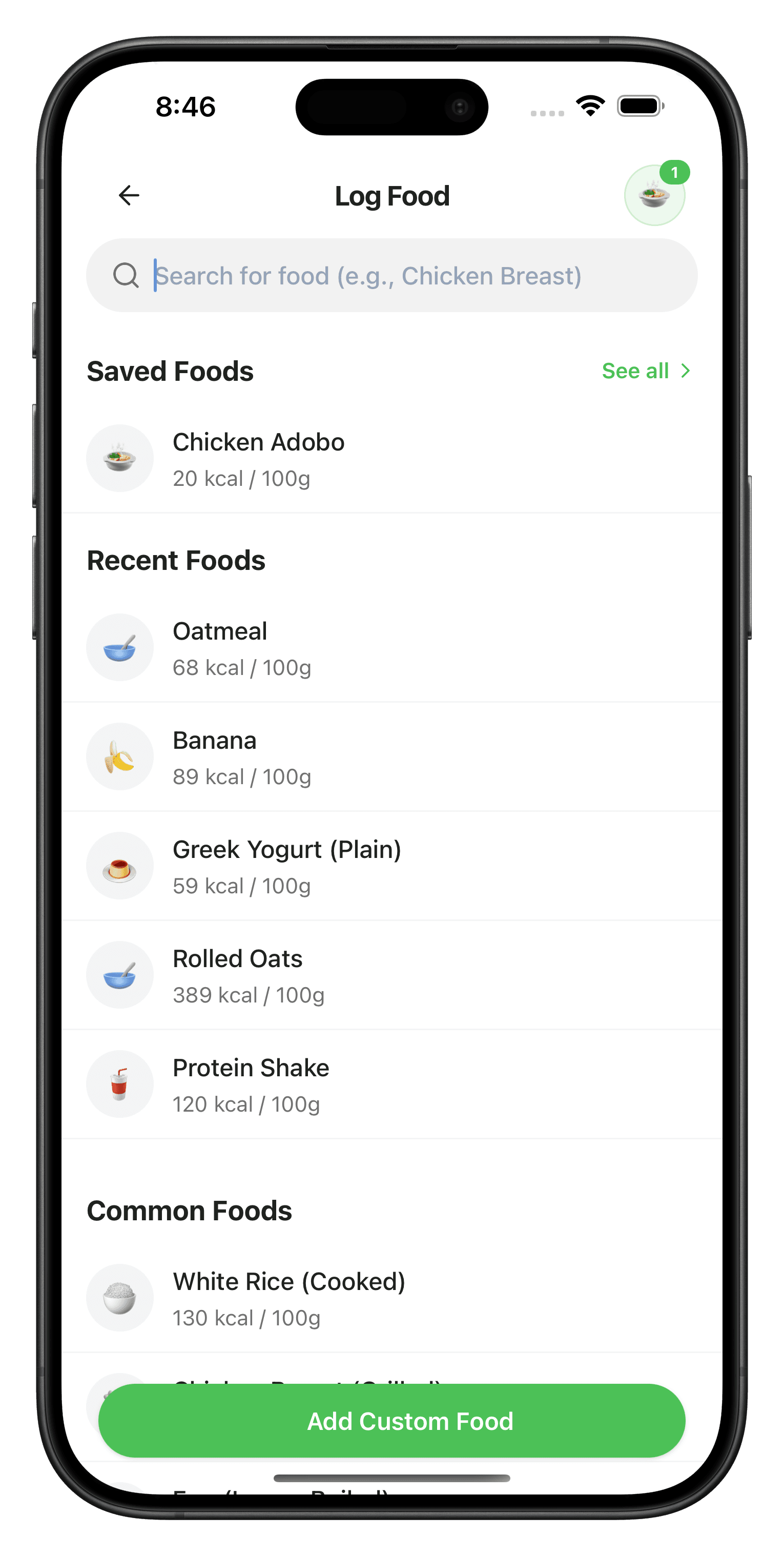 Log food search and saved foods