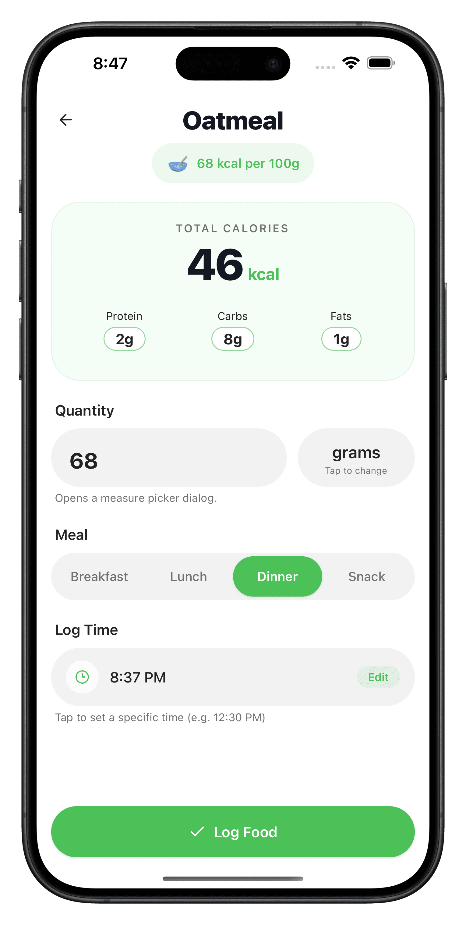Detailed food logging with meal and time