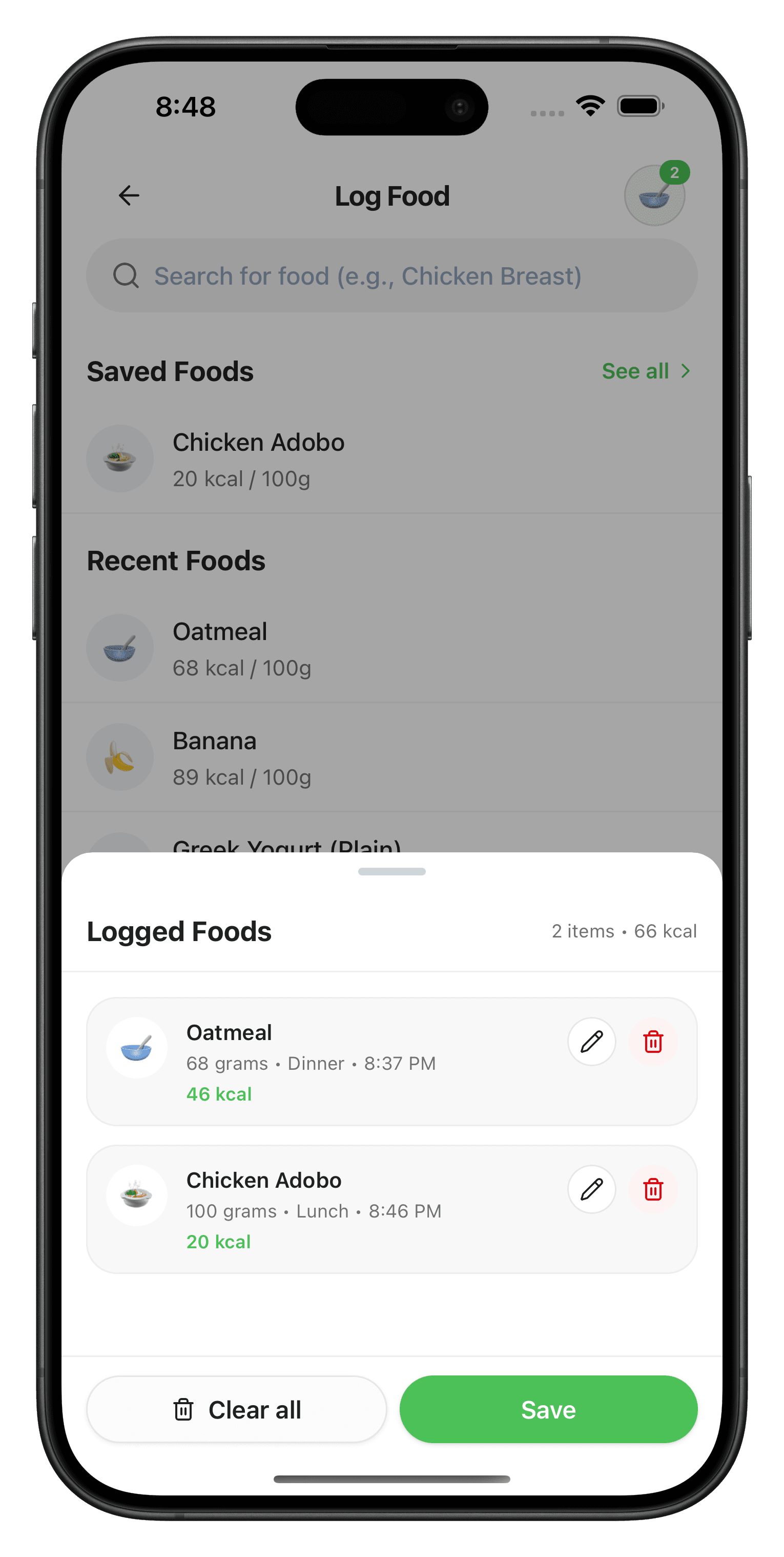 Recorded foods sheet with edit and delete