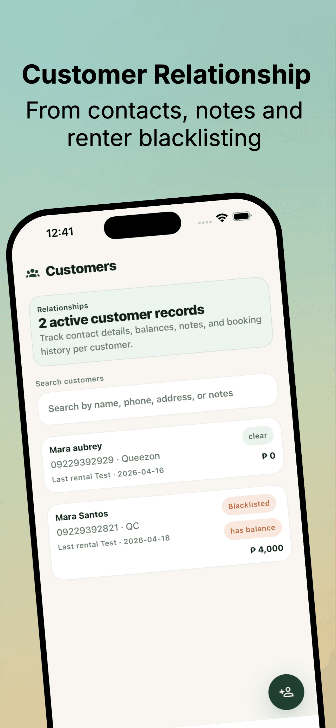Customer CRM with balances and blacklist status