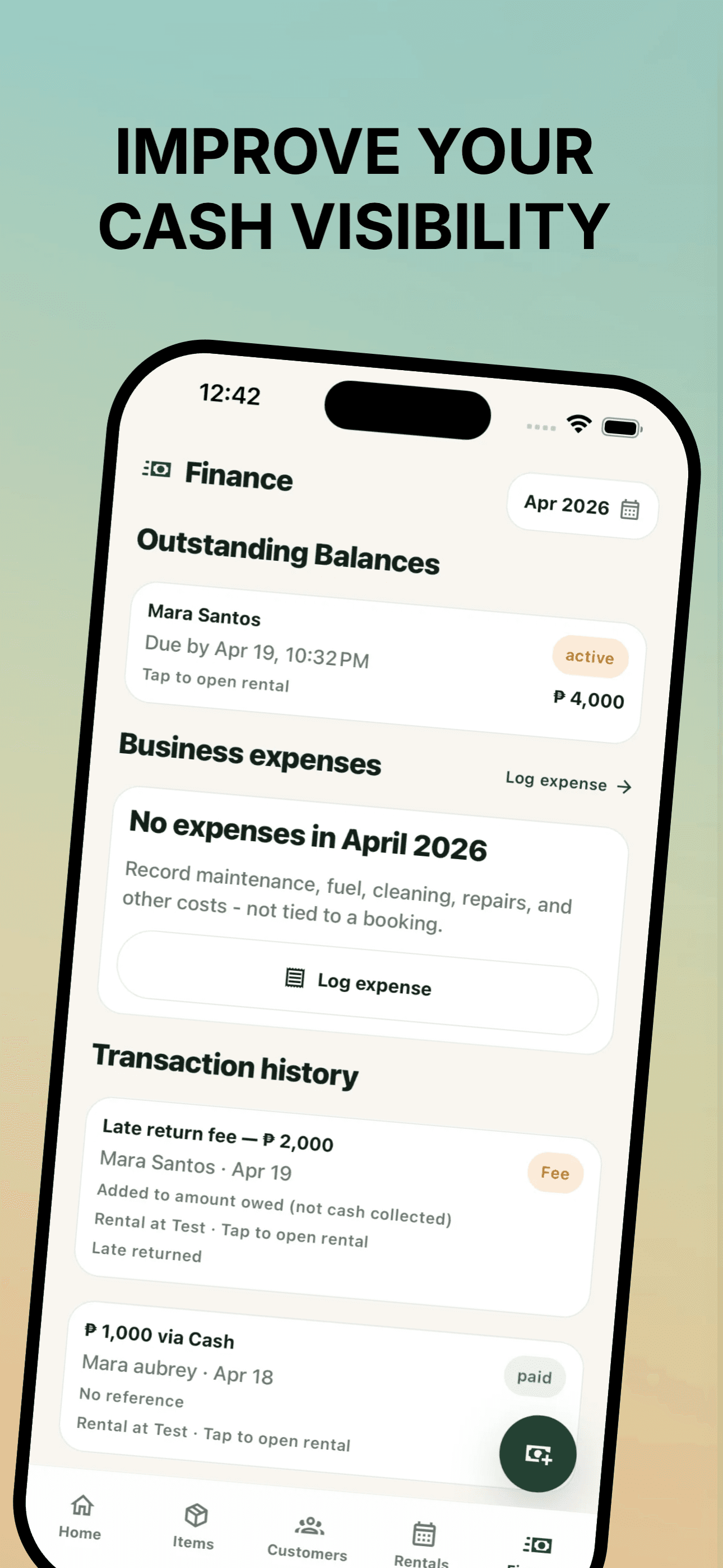 Finance screen with balances, expenses, and transaction history